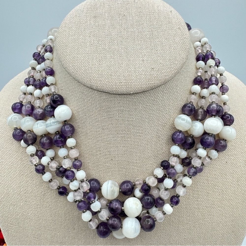 Vintage Gemstone Beaded Multistrand Choker Necklace Agate Amethyst Quartz 16”